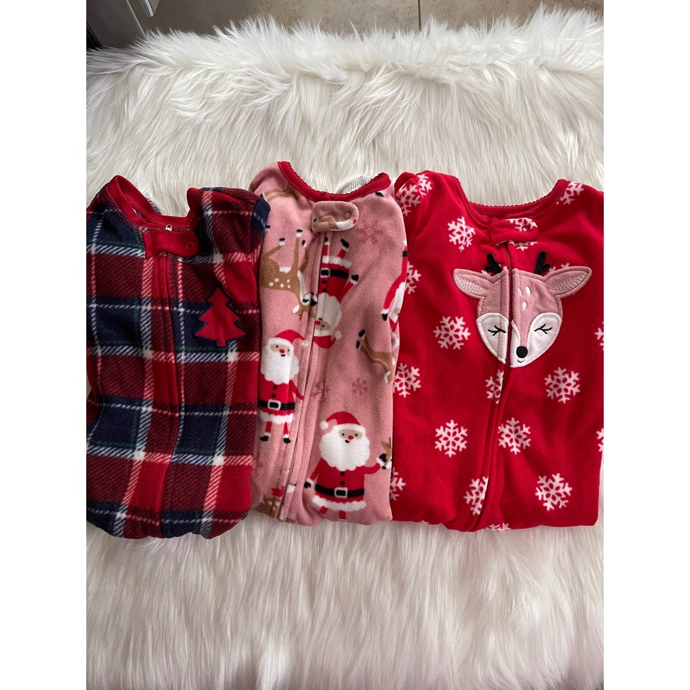 Baby Holiday Footed Fleece Santa Reindeer Sleeper Pajama Bundle 3 - Sz 12 Months